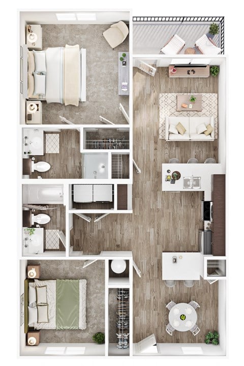 Floor plan for 2 beds, 2 baths, 968 sqft